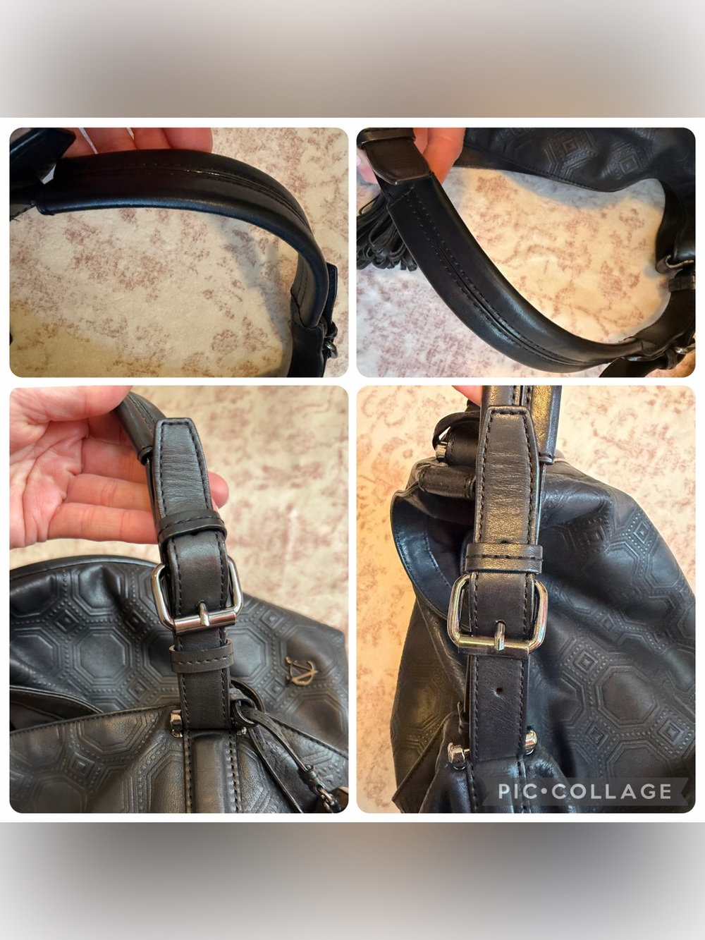 Vince Camuto Signature Black Embossed Leather Hobo Bag with Removable Tassels - Picture 10 of 11